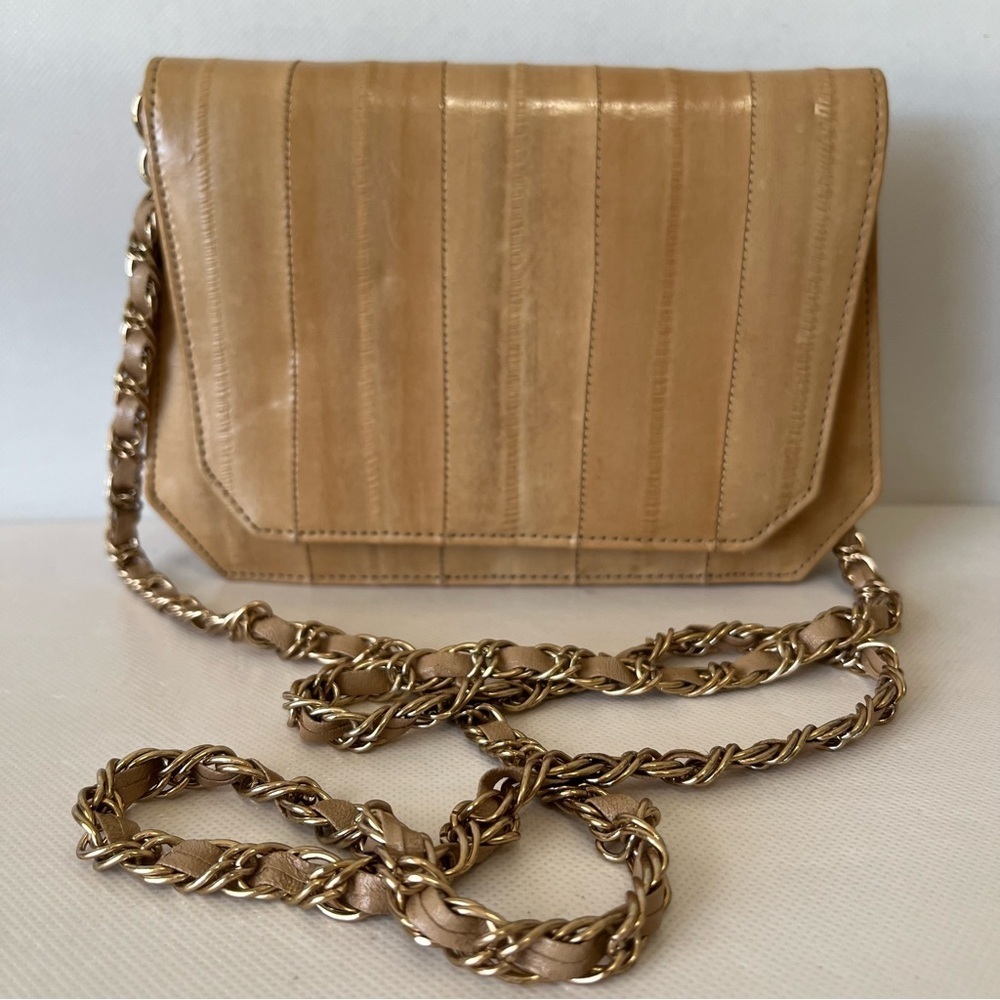 Vintage EEL Skin Tan Crossbody Purse Gold Chain